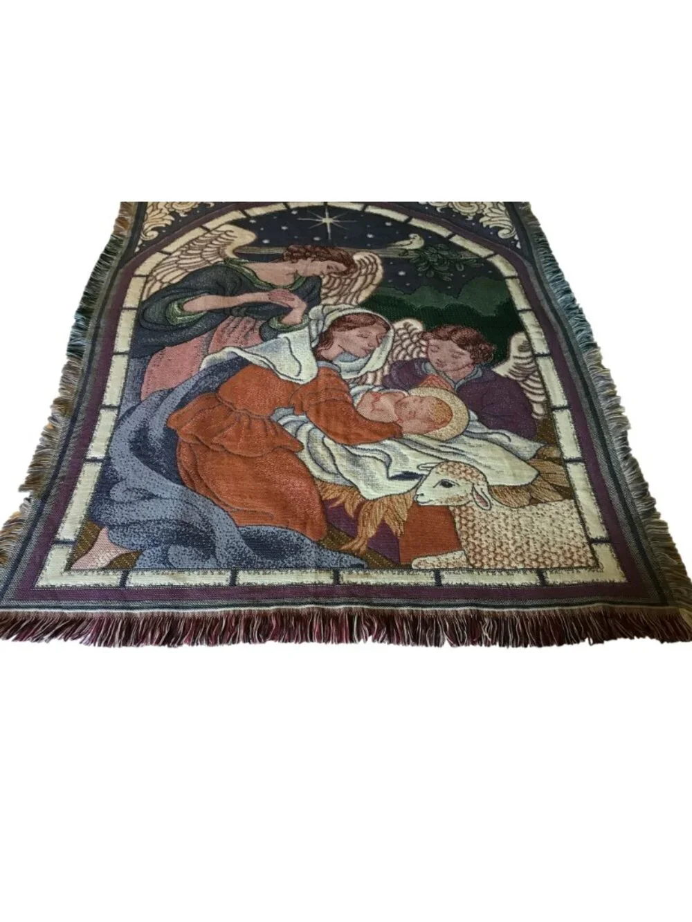 Guardian Angel Woven Tapestry Fringed Edges Vintage Throw Blanket 50 x 62